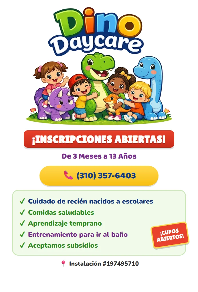 Volante de inscripción de Dino Daycare — Inscripciones Abiertas, de 3 meses a 13 años, (310) 357-6403, Instalación #197495710