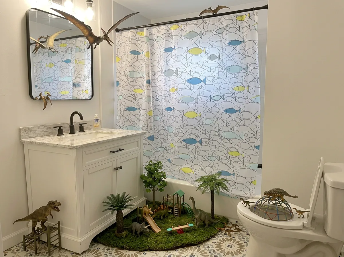 Bathroom with fish curtain and dino garden