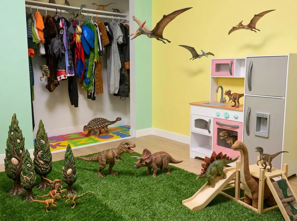 Playroom with dress-up closet and dinosaur scene